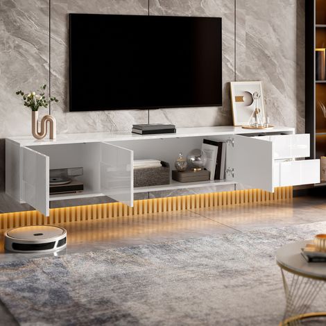 Mueble TV 170x30x30.5cm Sin tiradores Acabado brillo MDF color Blanco (1/5)
