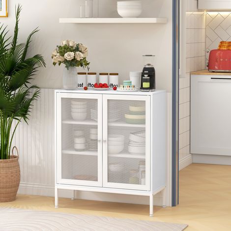 Credenza con 3 ripiani, mobile ausiliario con ante in rete metallica e ripiano regolabile, 80x37x92 cm, bianco