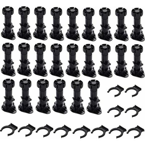 Paquete de 24 patas ajustables de plástico grueso negro para muebles con clip de fijación para armarios de cocina o baño, armarios y sofás (120-150 mm) (1/5)
