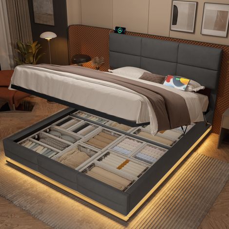 Lit double adulte 180x200 cm en velours gris, relevable pour chambre, sans matelas FloraGrace (1/5)