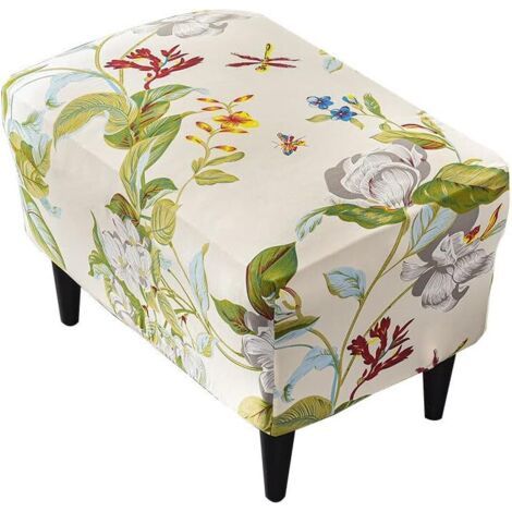 Housses de Pouf Extensible Rectangulaire, Housse de Repose-Pieds Protecteur de Meubles Housse de Tabouret avec Fond Élastique Antidérapante Lavable (Fleur et Feuille) (1/5)