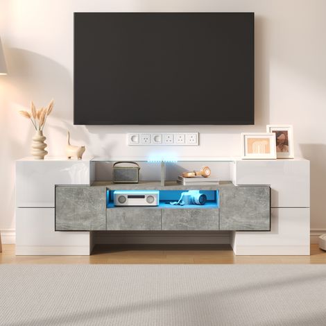Mueble para TV de tablero de partículas blanco alto brillo y hormigón 145x30x51 cm con 6 puertas, 2 cajones y LED (1/5)