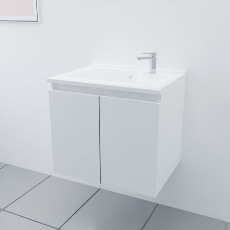 Meuble salle de bain suspendu 60 cm PROLINE- Blanc- Plan vasque en Résine (1/4)