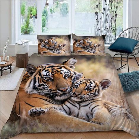 Bettwäsche-Set 135x200 cm mit 2 Kissenbezügen 80x80 cm, 3D Tiger Motiv, Mikrofaser