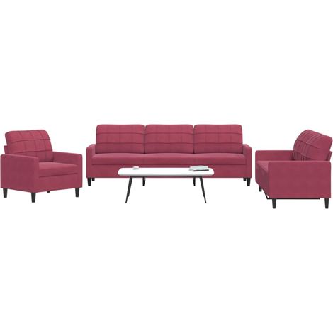 vidaXL Ensemble de canapés 3 pcs avec coussins Rouge bordeaux Velours (1/5)