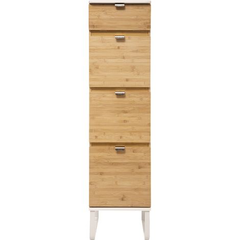 Pegane – Chiffonnier 3 tiroirs bois naturel et blanc – Dimensions 33x33x130,5 cm – Structure en bambou et métal – Montage facile (1/4)