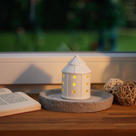 Relaxdays Teelichthaus Keramik, Leuchthäuschen für 1 Teelicht, HxD: 10,5 x 7,5 cm, Teelichthalter Haus, Kerzenhaus, weiß