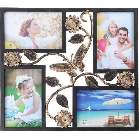 Cadre photo mural décoratif à 4 ouvertures avec fleurs et collage vintage (noir)-Black (1/3)