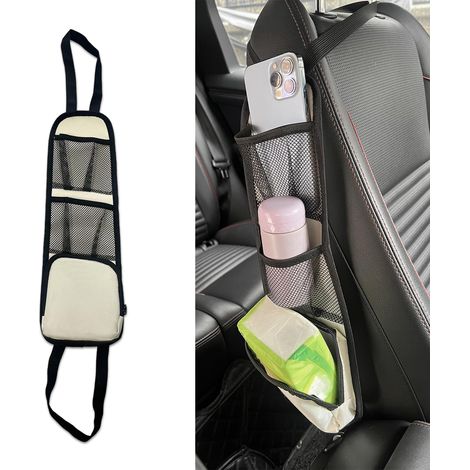 Organisateur de rangement universel pour siège auto - Sac de rangement suspendu en filet avec plusieurs poches pour téléphones, clés et petits objets essentiels, blanc crème (1/5)