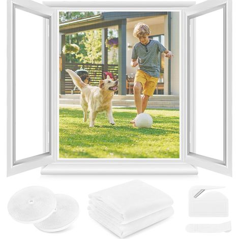 Moustiquaire Fenêtre 2 Ensembles - 150 x 180 CM - BLANC Aucun perçage n'est nécessaire, AVEC Découpeur, Adhésif, Découpable à la Dimension Souhaitée (1/5)