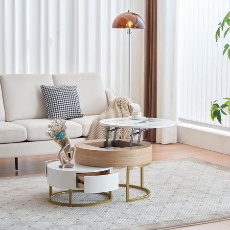 Ensemble de 2 tables basses dorées avec plateau relevable et 2 tiroirs, style contemporain et (1/5)