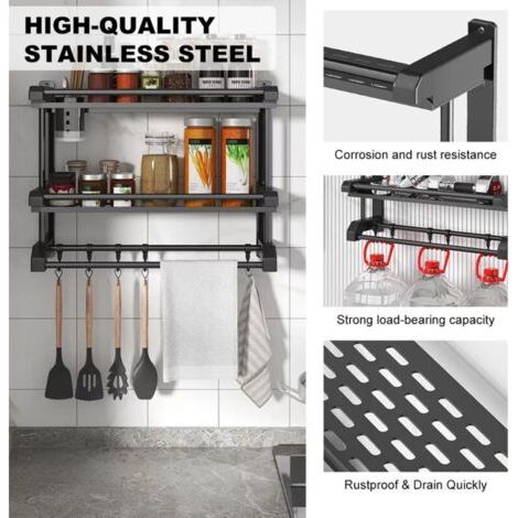 Étagère de rangement murale et porte-serviettes en acier inoxydable, adaptée aux salles de bains, douches et cuisines, avec accessoires de suspension et conception à double niveau. (1/3)
