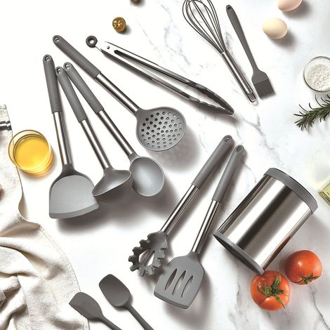 Nouveau seau de rangement rotatif Ruiming, ensemble d'ustensiles de cuisine en silicone, couvercle arrière en silicone et acier inoxydable, gris foncé. (1/5)