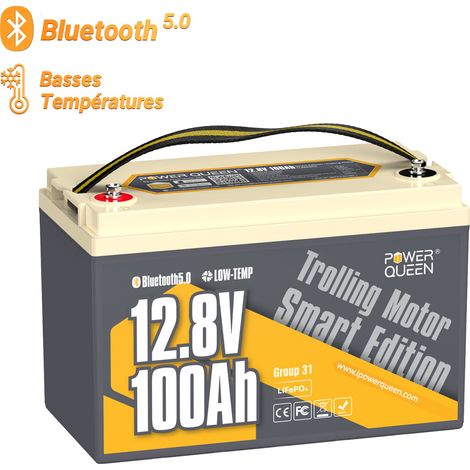 Power Queen – Batterie lithium 12V 100Ah 1280Wh LiFePO4 – Bluetooth 5.0 – Protection basse température – Compatible moteurs hors-bord et systèmes solaires - Groupe31