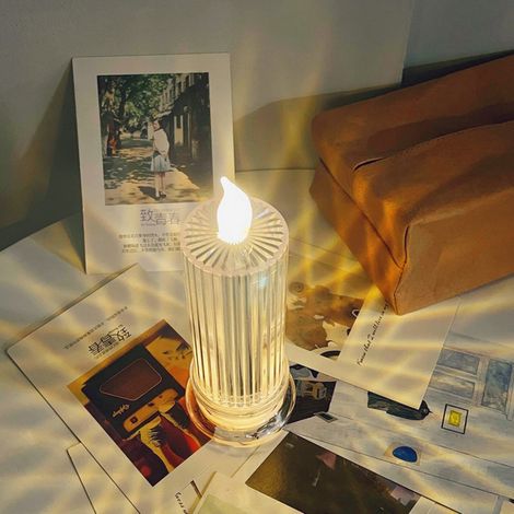 Lampe bougie légère, transparente et nacrée, veilleuse pour décoration de table, lampe bougie d'appoint pour dortoir (avec socle) (1/5)