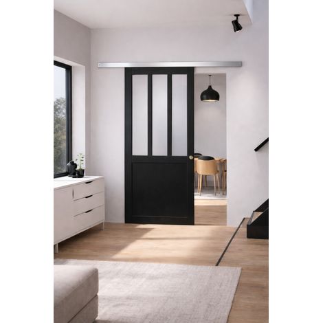 Porte Coulissante Atelier Noir Vitre Depoli H204 X L93 Cm, Rail Alu, Coquilles Gd Menuiseries