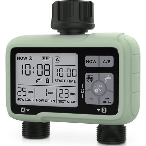 Automatisches Bewässerungssystem mit Zeitschaltuhr und 2 Ausgängen für Rasen und Garten. Wasserdicht (IPX5). Kindersicherung. (1/5)