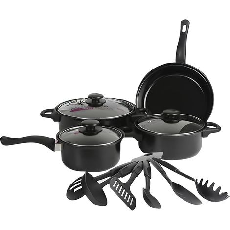 Batterie de cuisine antiadhésive 13 pièces induction, poêles, casseroles et faitout, classe énergétique A, coloris noir