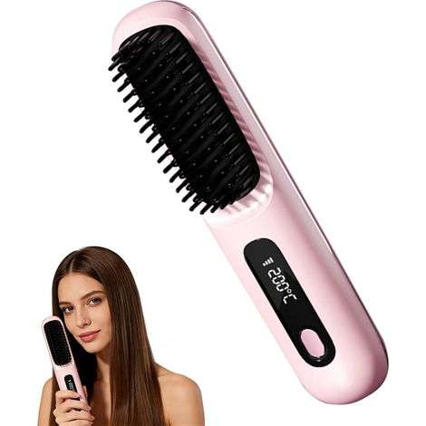 Brosse lissante sans fil, 160-200 °C 3 niveaux, chauffe céramique 20 s, batterie 2000 mAh USB-C, peigne 3D (1/5)