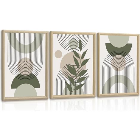 3Pcs Boho Vert Géométrie Feuille Tableau Decoration Murale Avec Cadre, Esthétique Lignes Ronds Plante Impression Sur Toile Minimaliste Affiche Peintures Maison Décoration pour Chambre Salon 30x40cmx3 (1/5)