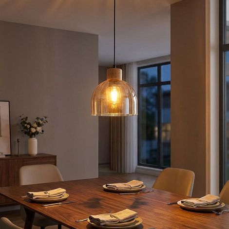 Pendelleuchte Hängeleuchte Deckenleuchte Metall schwarz Glas amber Holz H120cm