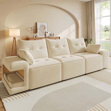 Canapé modulable 3 places moderne avec larges accoudoirs,style nuage,espace de rangement intégré,compartiment rembourré pour animaux,2 coussins,beige (1/5)