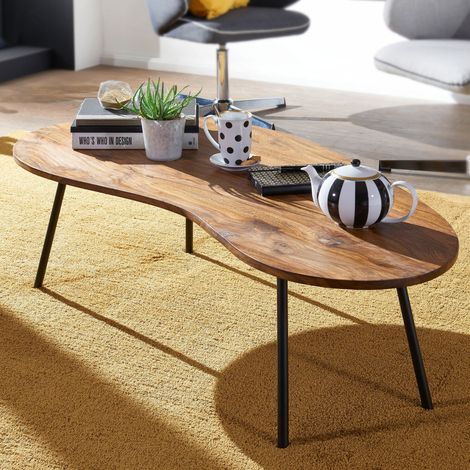 Table basse fixe 122 cm en bois massif de Sheesham et métal – Coloris naturel et noir – Design élégant pour salon moderne