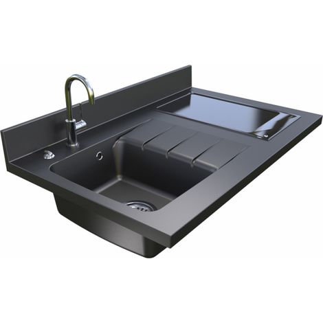 PlaniQuartz einteilige Arbeitsplatte mit linkem Waschbecken Ò 100 cm NERO (1/3)