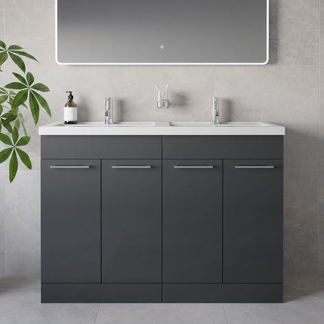 Napoli 390 Gloss Grey 1200mm 4 Door Vanity Unit with Double Lucia Basins - 1200mm - Chrome 160mm Handle