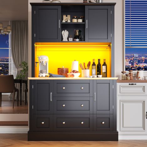 Grand Buffet Haut Noir 115cm Éclairage LED Intelligent Réactif à la Musique, 5 Tiroirs et 4 Portes, Armoire de Rangement Sécurisée Anti-Renversement (1/5)