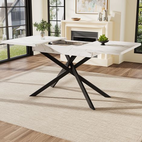 Table à manger extensible MDF marbré blanc et métal noir 120-160x80x76,5 cm pour 6 à 8 personnes (1/5)