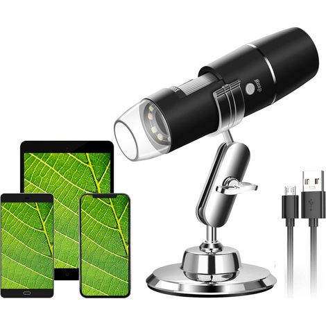 Microscopio digital USB, endoscopio portátil WiFi 720P 50X-1000X con boroscopio de 8 luces LED, soporte de metal para Android, iOS, iPhone y iPad. (1/5)