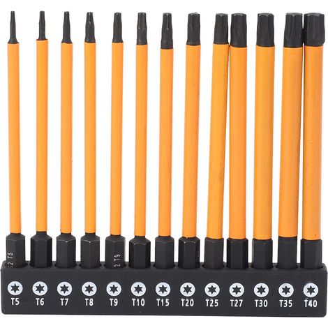 Jeu d'embouts de tournevis étoile 100mm T5-T40 1/4 pouces, tige hexagonale S2, embouts en acier allié avec support de rangement 13 pièces