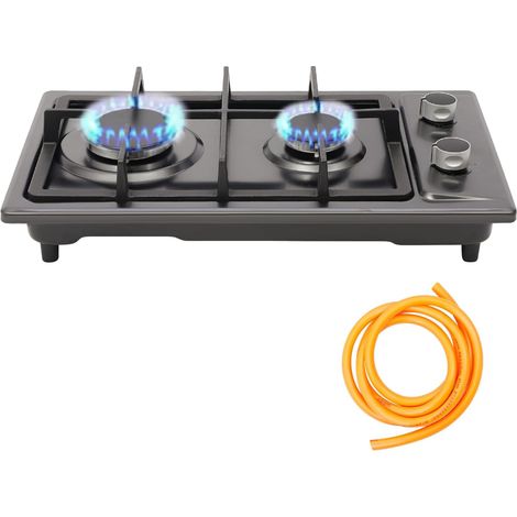 Piano Cottura a Gas in Acciaio Inossidabile con Tubo del Gas, Fornello a Gas a 2 Fuochi, Da Incasso o Libera Installazione, per Cucina, Ufficio o Campeggio, 3000 W/1750 W
