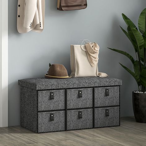 Banco zapatero tapizado, 6 compartimentos para zapatos, estructura de MDF, aspecto de lino, gris. (1/5)