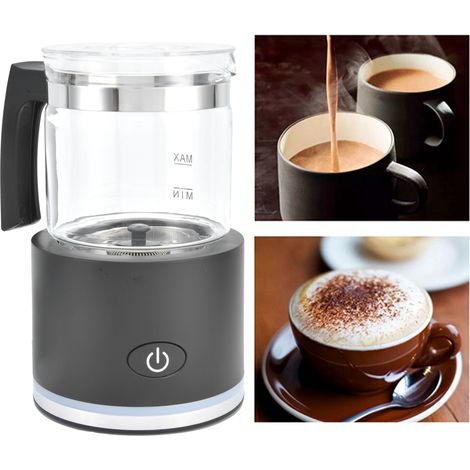 Montalatte elettrico con riscaldamento automatico, in vetro, modello smontabile e silenzioso, capacità 250 ml, colore nero, 2 testine agitatrici. (1/4)