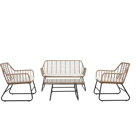 Garden Friend SALOTTO CEBU (Tisch, Sofa, 2 Sessel) schwarzes Stahlgestell, naturfarbene Polyrattanpolsterung, weiße Kissen