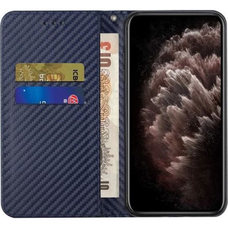 2 Pack Verre trempé + Pour Samsung Galaxy A02s 6.5", Housse Etui Magnétique Flip en Cuir PU avec de Cartes - Fibre de carbone Bleu (1/4)