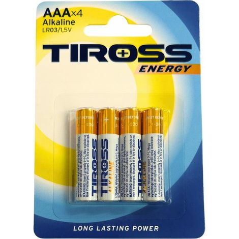 Baterías alcalinas Tiross LR03 AAA, pack de 4 unidades, ideales para uso diario en dispositivos electrónicos.