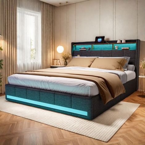 Doppelbett 180x200 cm, Bett 180x200 mit Lattenrost, Bettgestell für Erwachsene, 4 Schubladen, Stauraum, Bett für 2 Personen, Grau
