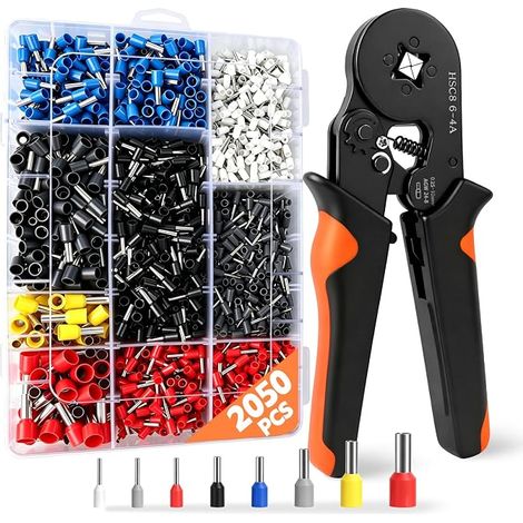 Pince a Sertir 0,25-10mm² (AWG24-8) Avec Cosses Electriques a Sertir 2050 PCS 0,5-10mm², Cliquet Auto-Adjuvsable Pince à Sertir Pour Installations Électriques et Réparations de Véhicules (1/5)