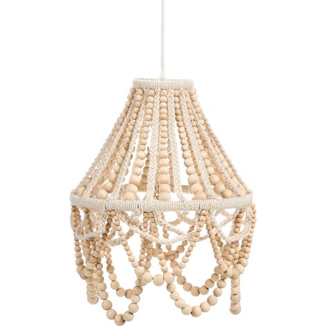 Lustre Boho Suspendu en Perles de Bois et Tissu Macramé Marron Clair Menik