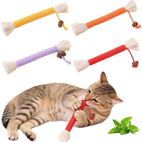 4 Pièces Jouet Chat Corde, Bâtonnets à Mâcher pour Chats, Jouet en Corde de Coton pour Le Nettoyage des Dents, Chats D'Intérieur Grincer des Dents et l'hygiène Dentaire (1/5)