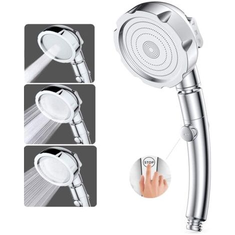 Cabezal de ducha Aiperq, cabezal de ducha de mano, cabezal de ducha de alta presión con 3 modos, ducha de baño, ABS y acero inoxidable con botón de parada, tipo universal, alta presión, ahorro de agua (1/4)