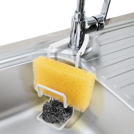 Blanc Porte-éponge, support de robinet, plateau de douche, cuisine et salle de bains, organisateur en métal, fixation suspendue autour du robinet (1/5)