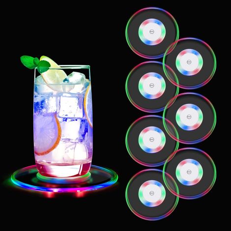 CSPARKV 7 Pack LED Light Up Coasters, Colorful Luminous Coasters Battery Replaceable 6 Colors, Round Glowing Coasters for Beer Cocktail Wine, Wedding, Bar, Party, Christmas, Birthday (1/4)