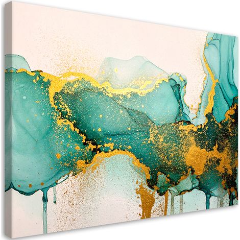 Quadro su tela, Opera astratta realizzata in marmo turchese e oro. - 60x40 (1/2)