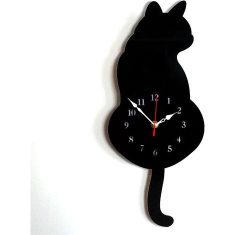 (42 cm x 18 cm) Noir Horloge murale créative en acrylique en forme de chat avec pendule à queue pivotante pour salon, chambre à coucher, cuisine, décoration d'intérieur Batterie non incluse (1/4)