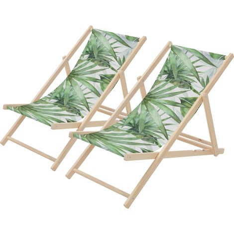 ECD Germany 2x Sedia a Sdraio Pieghevole in Legno con Tessuto Traspirante Palma Verde-Bianco, Schienale Reclinabile in 3 Posizioni, Lettino Relax con Portata 120 kg per Spiaggia, Giardino e Terrazza