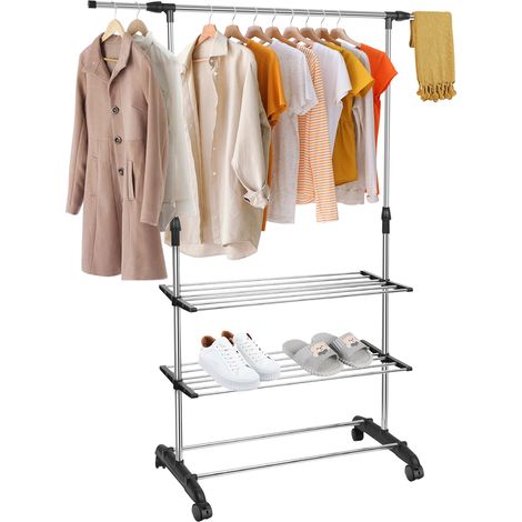Kleiderständer,ausziehbar Garderobenständer,Haloyo®,Kleiderstange aus Metall,mit 3-stufigem Ablagefach,mit 4 Rädern,75 x 42 x (70-150)cm (1/5)